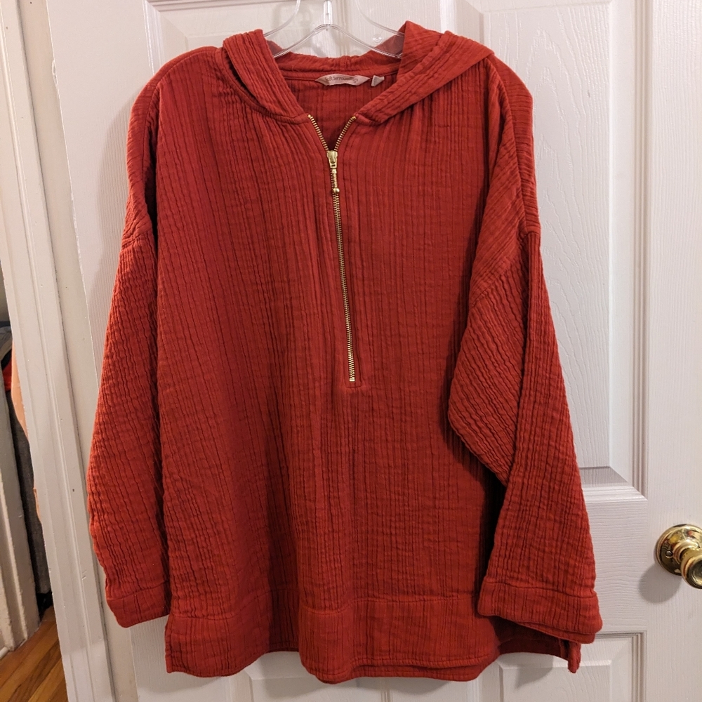 Soft Surroundings Rust Orange Hooded Half-Zip Pullover